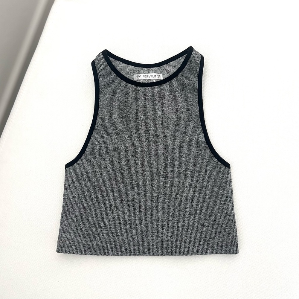 Forever 21 Heather Gray High Neck Ribbed Sports Top with Black Trim in Size XS